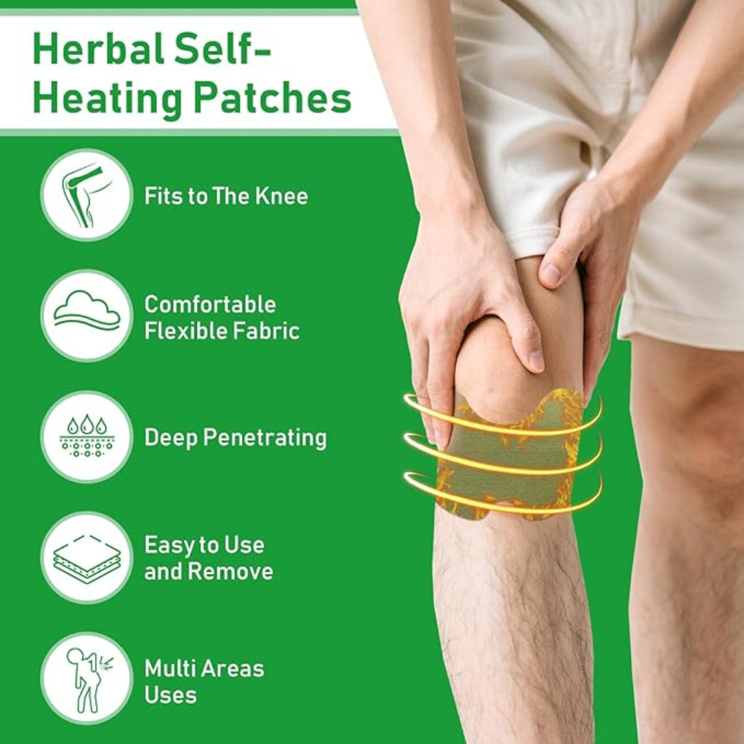 Herbal self-heating patches being used on a knee with product features listed.