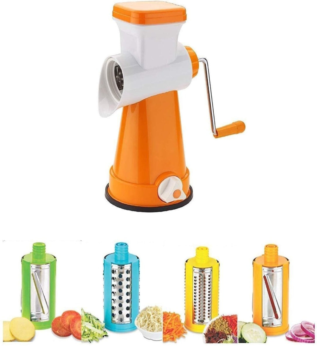 A 4 in 1 Rotary Drum Vegetable Grater & Slicer in various colors, with interchangeable drum blades, shown alongside vegetables and other food items it can grate or slice.
