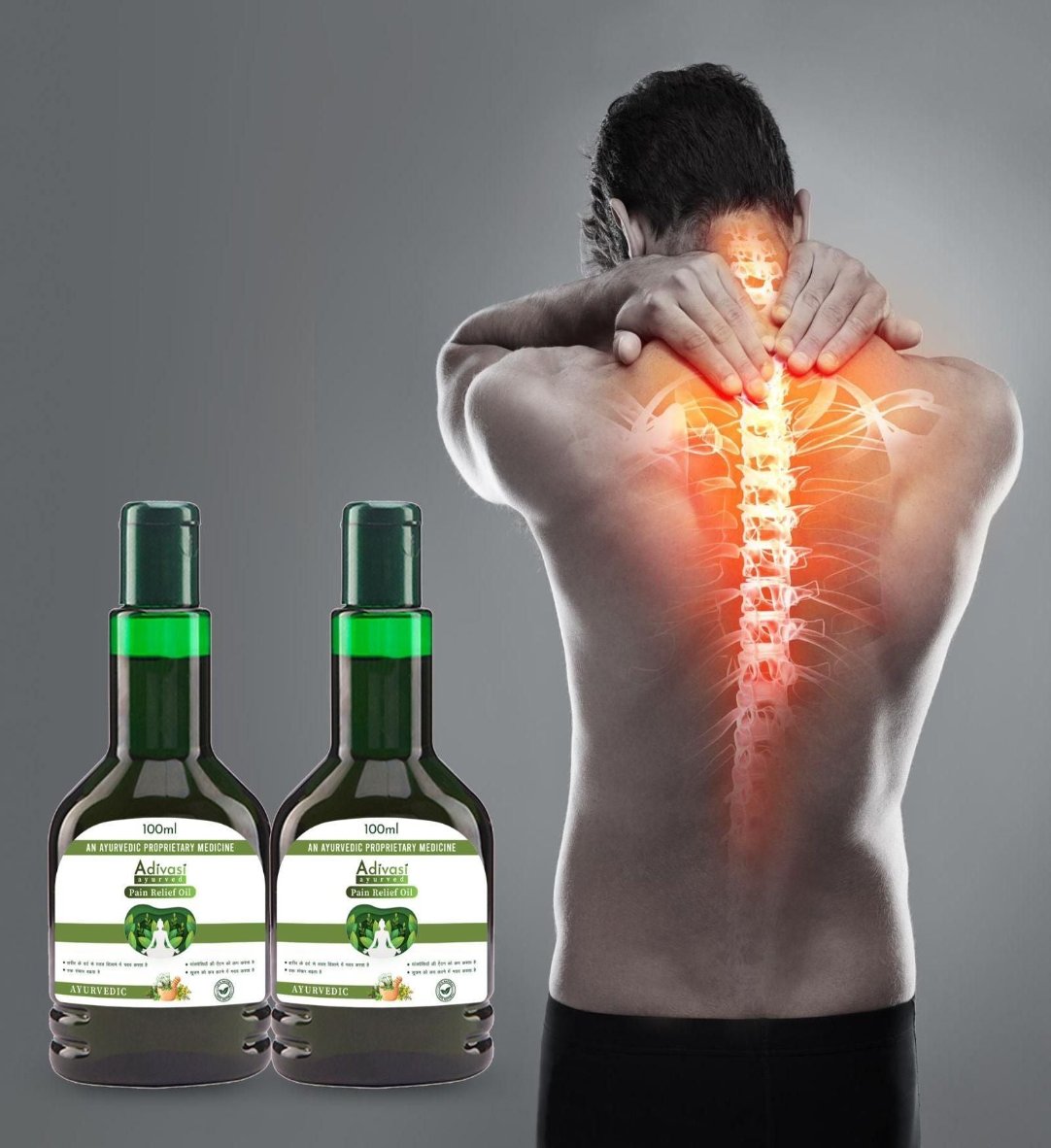 Two bottles of Adivasi Ayurved Pain Relief Oil with a label showing a person applying the oil to their back in a kneeling position, indicating the area of pain relief.