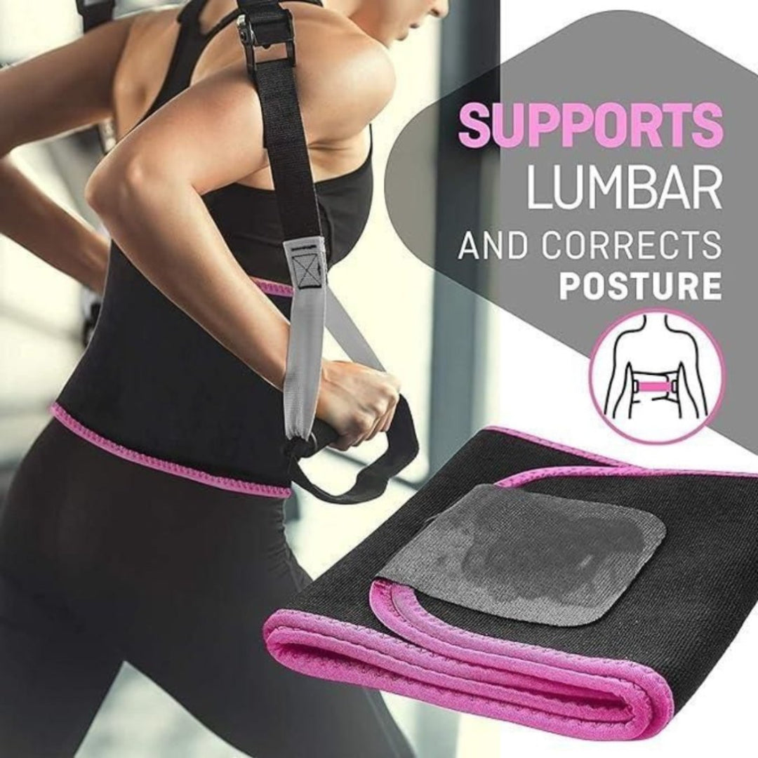 Person wearing a black and pink back support belt with text indicating it supports lumbar and corrects posture.