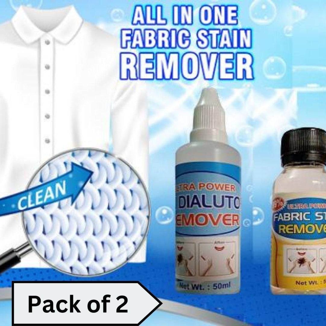 Packaging of All in One Fabric Stain Remover, showing a bottle with text and a graphic demonstrating the stain removal process on a white shirt.