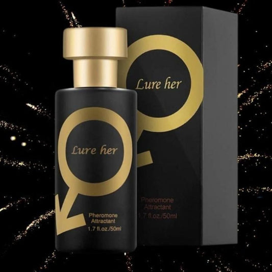 A black and gold perfume bottle labeled 'Lure her' with a spray pump, alongside its packaging box with the same design.