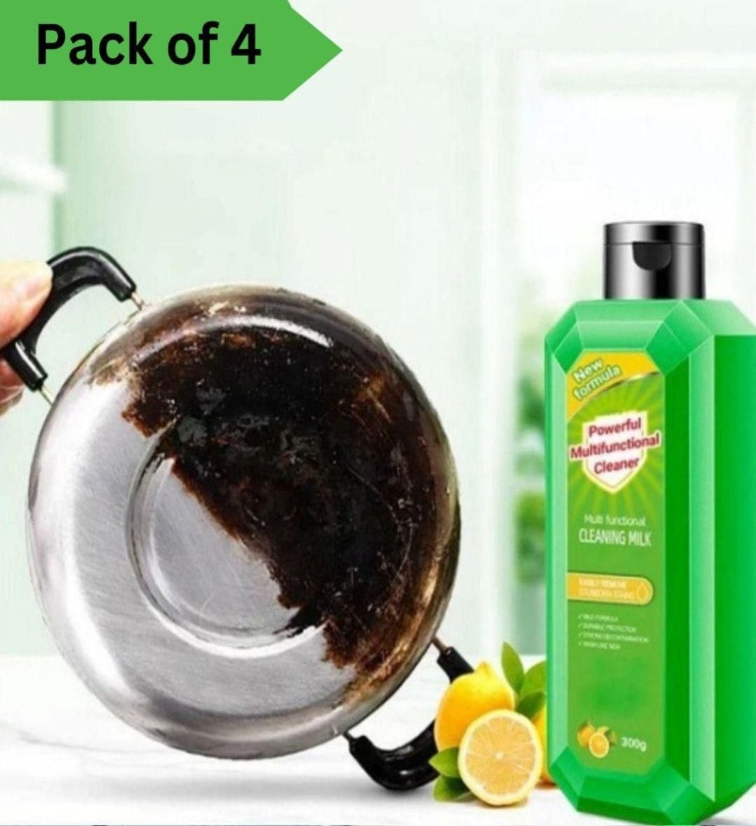 A pack of four Powerful Multifunctional Cleaner bottles, with one bottle shown being used to clean a stained metal pot on a stove, alongside fresh lemons and a green label displaying the product information.