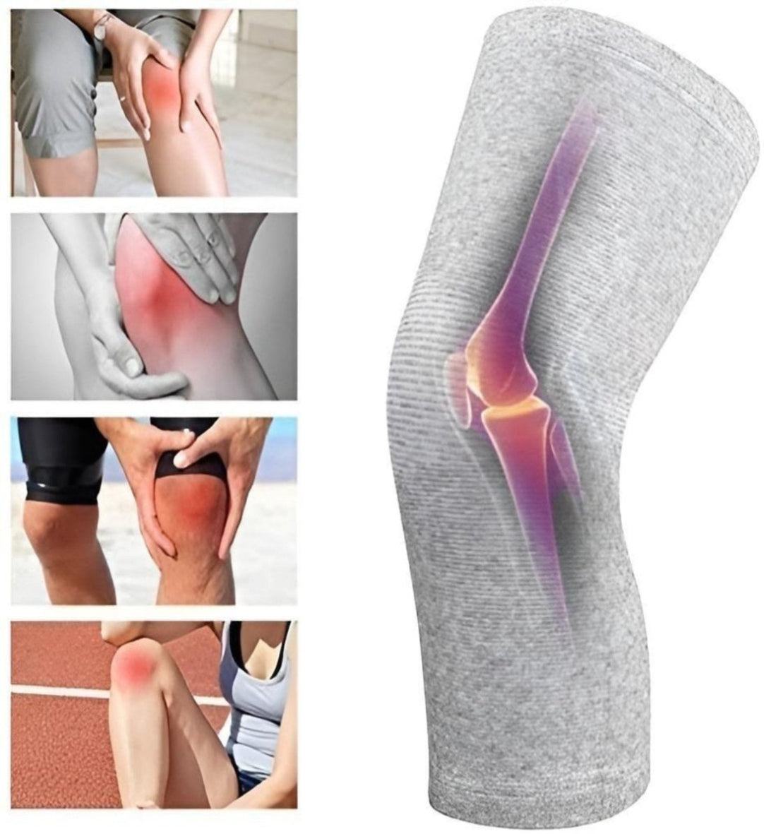 A collage of images showing unisex bamboo charcoal knee sleeves in gray color. The sleeves are depicted in use by various individuals engaging in different activities, highlighting the knee area with a purple overlay indicating pain or discomfort.