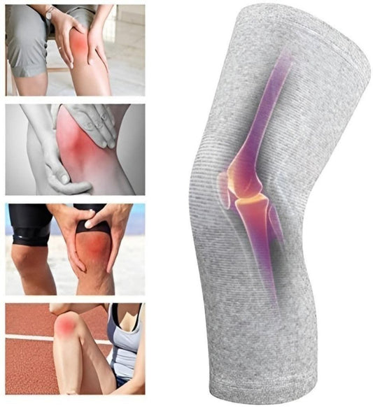 A collage of images showing unisex bamboo charcoal knee sleeves in gray color. The sleeves are depicted in use by various individuals engaging in different activities, highlighting the knee area with a purple overlay indicating pain or discomfort.