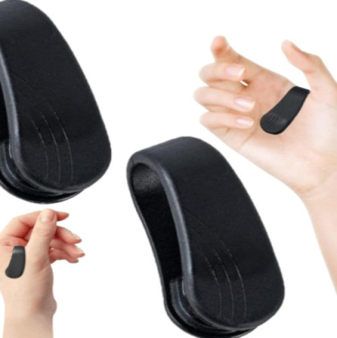 Two black acupressure point clips designed for diabetics to regulate blood sugar levels and relieve stress, shown in use on different parts of the body.