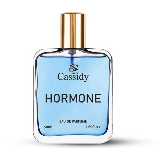 A 50ml bottle of CASSIDY Hormone Perfume, the bottle is transparent with a blue liquid and has a gold-colored cap and label.