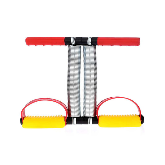 A Gym Utility Double Spring Tummy / Waist Trimmer Ab Exerciser with red and yellow paddles and a silver double spring design.