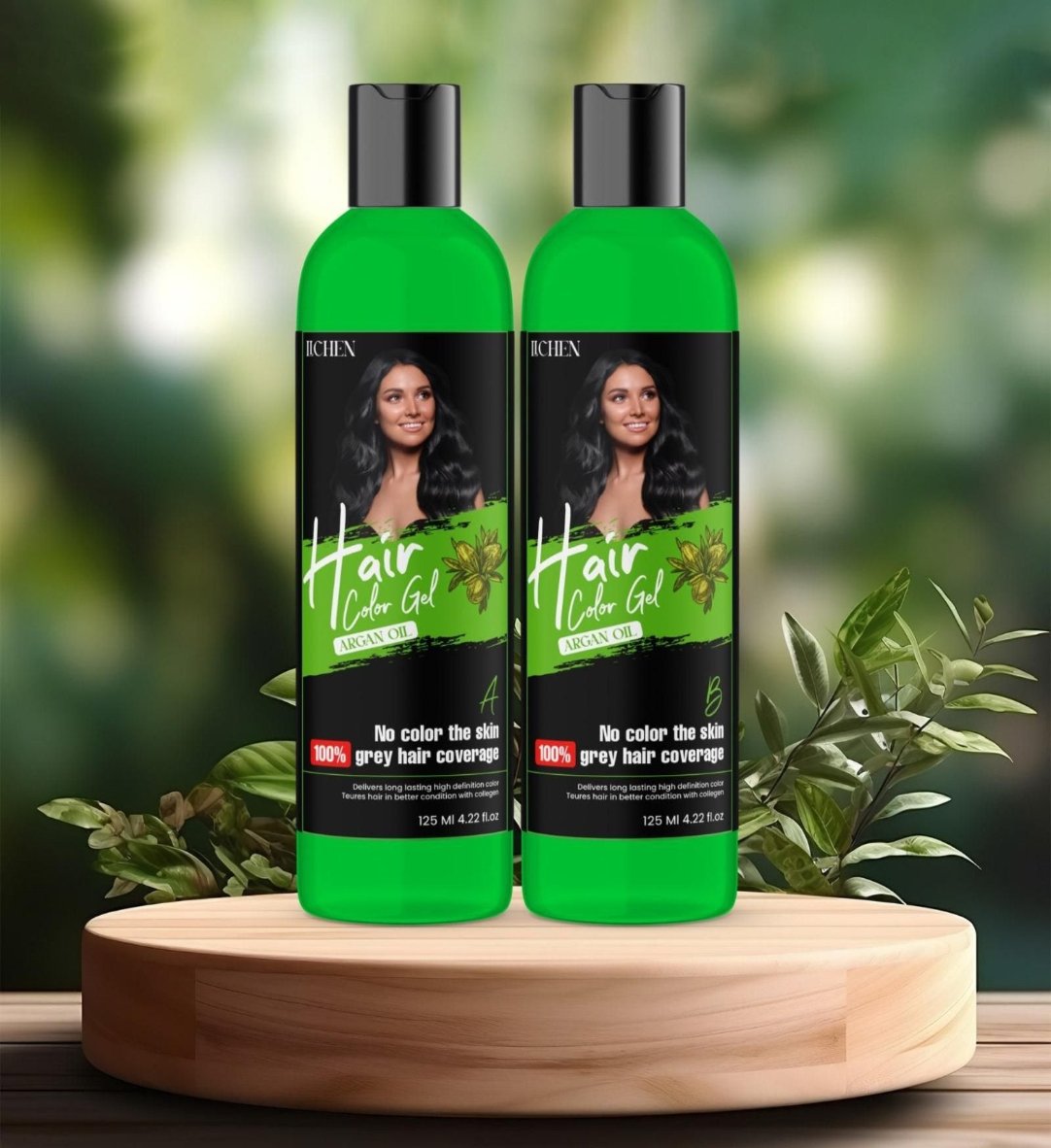 Two bottles of Kern Hair Color Gel with a green label, displayed on a wooden table with a background of greenery, indicating 100% gray hair coverage.