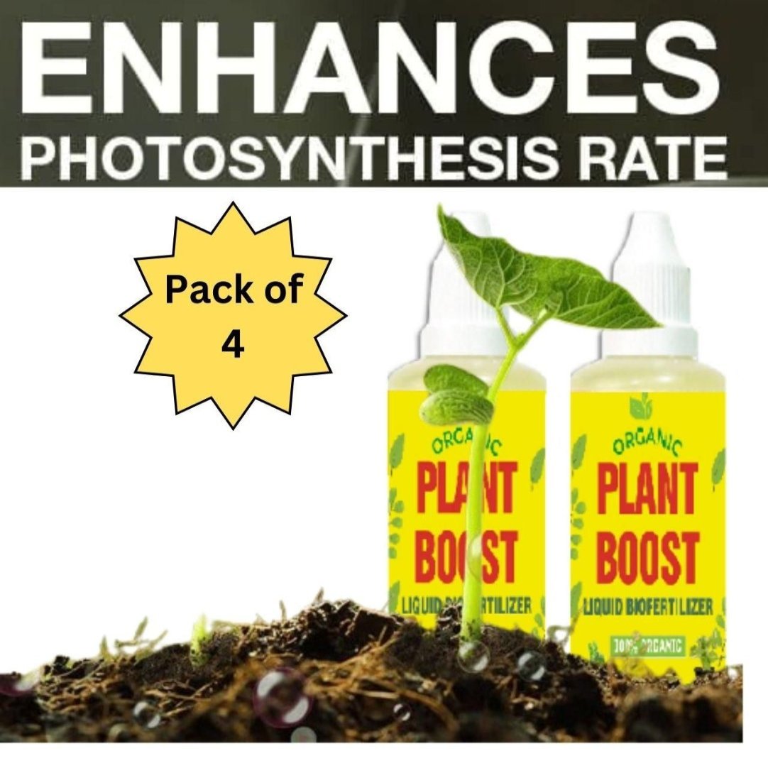 The image shows two bottles of Plant Boost Liquid Biofertilizer with a background of soil and a growing plant, emphasizing the product's ability to enhance photosynthesis rate. The text highlights that the product is organic and comes in a pack of four.