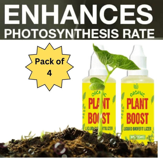 The image shows two bottles of Plant Boost Liquid Biofertilizer with a background of soil and a growing plant, emphasizing the product's ability to enhance photosynthesis rate. The text highlights that the product is organic and comes in a pack of four.