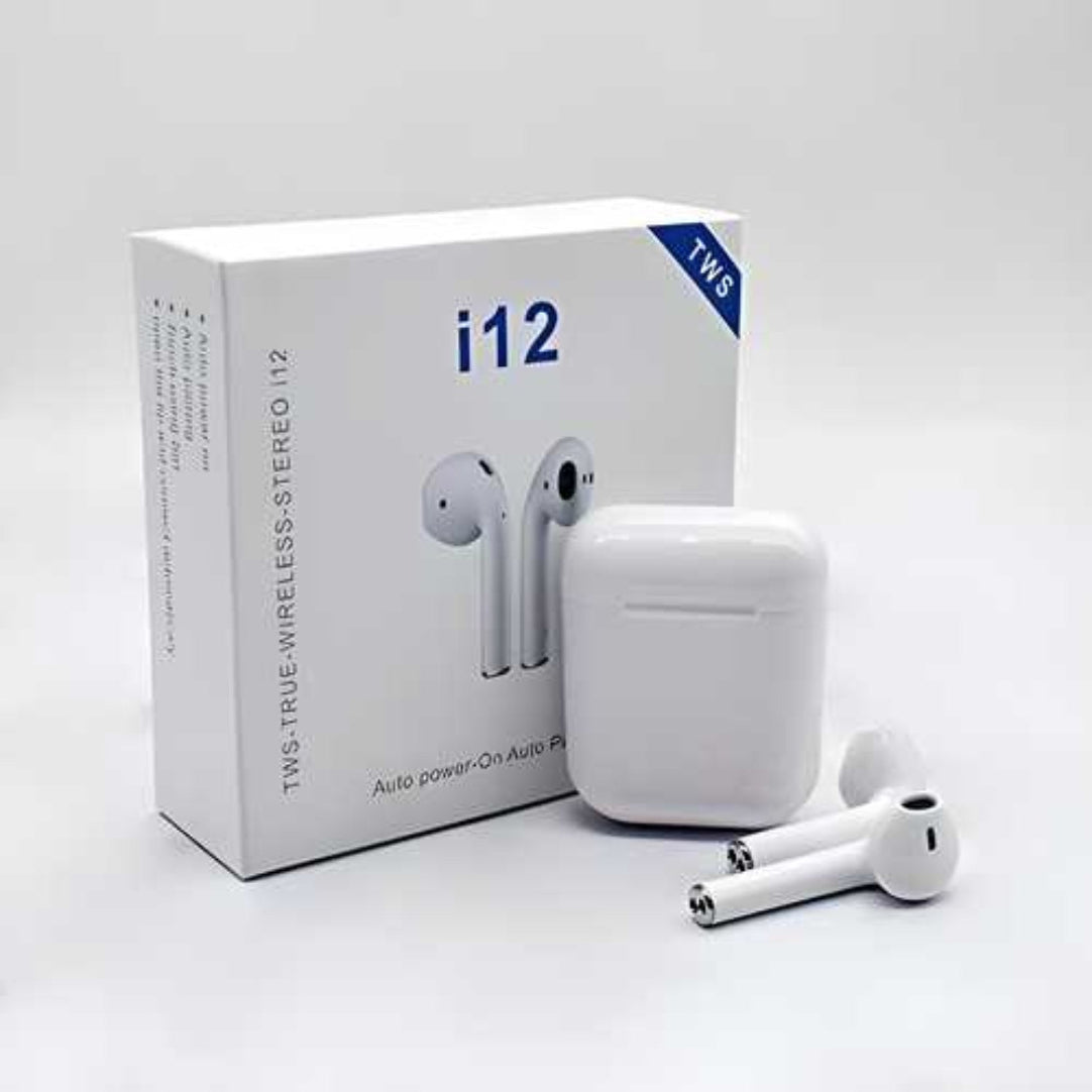 A pair of white TWS i12 wireless Bluetooth earbuds with its charging case and packaging box displayed in front.