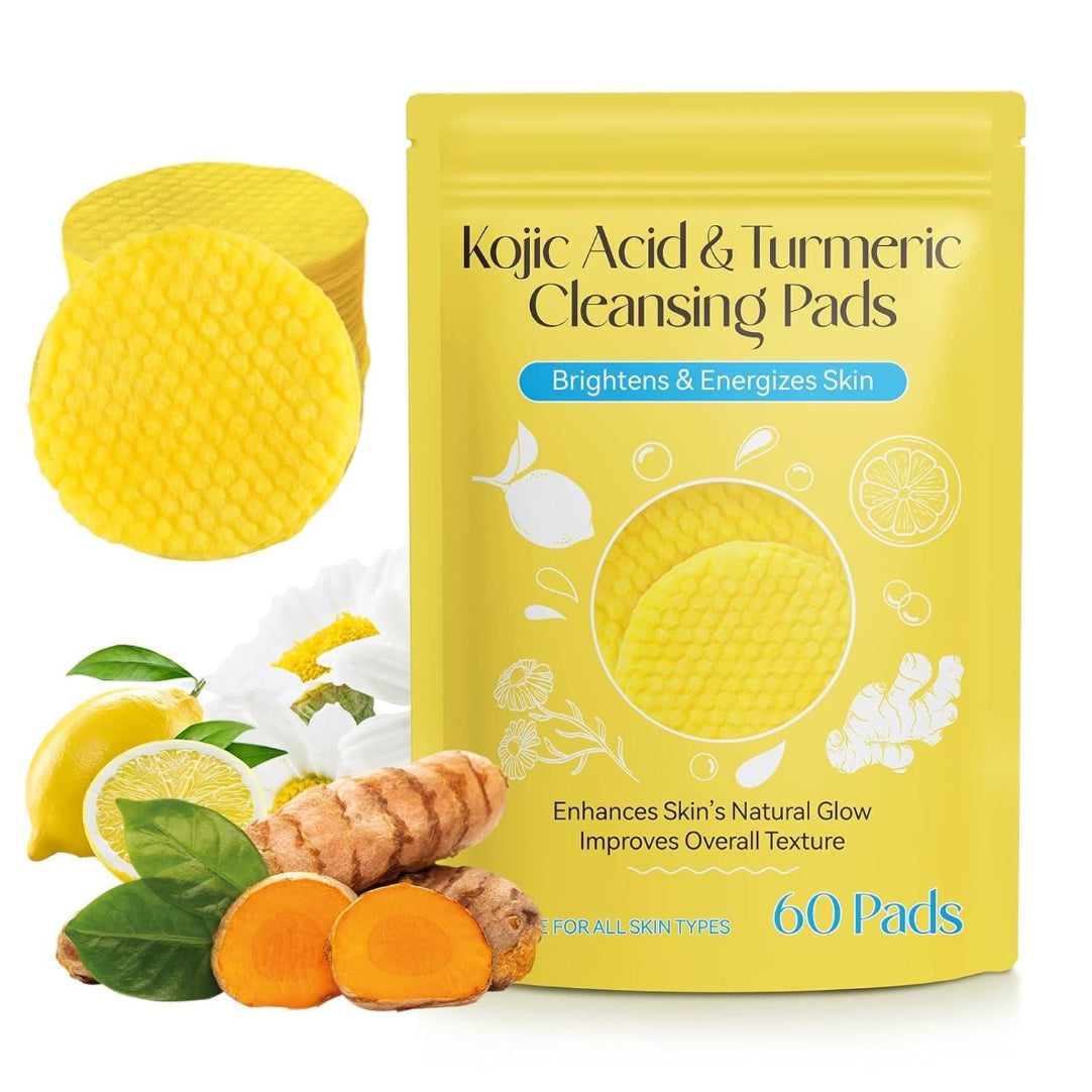 Packaging of Turmeric Kojic Acid Cleansing Pads with a bright yellow color scheme, featuring the product name, images of turmeric and Kojic acid, and a graphic design that highlights the product's benefits and features, including its ability to brighten and exfoliate the skin.