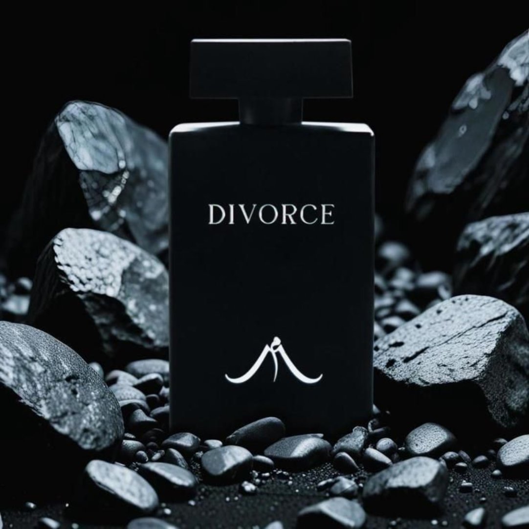 A black bottle of women's long-lasting perfume with the word 'DIVORCE' printed on it, surrounded by stones and rocks.