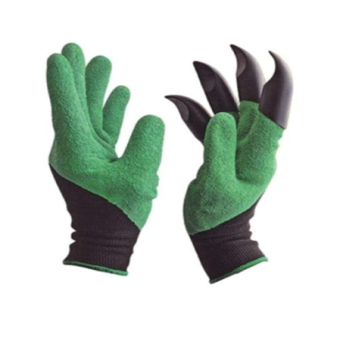 A pair of green garden hand gloves with black grip-enhancing features on the palms and fingers.