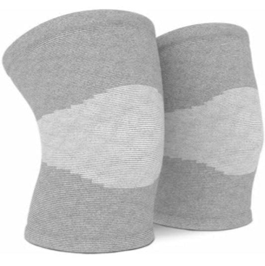 A pair of gray knee braces made from bamboo yarn, designed for both men and women with adjustable straps on the sides.