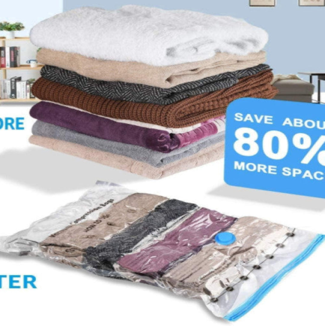 Stacked compression storage bags in various states of being filled, with a promotional saving percentage displayed, indicating space maximization.