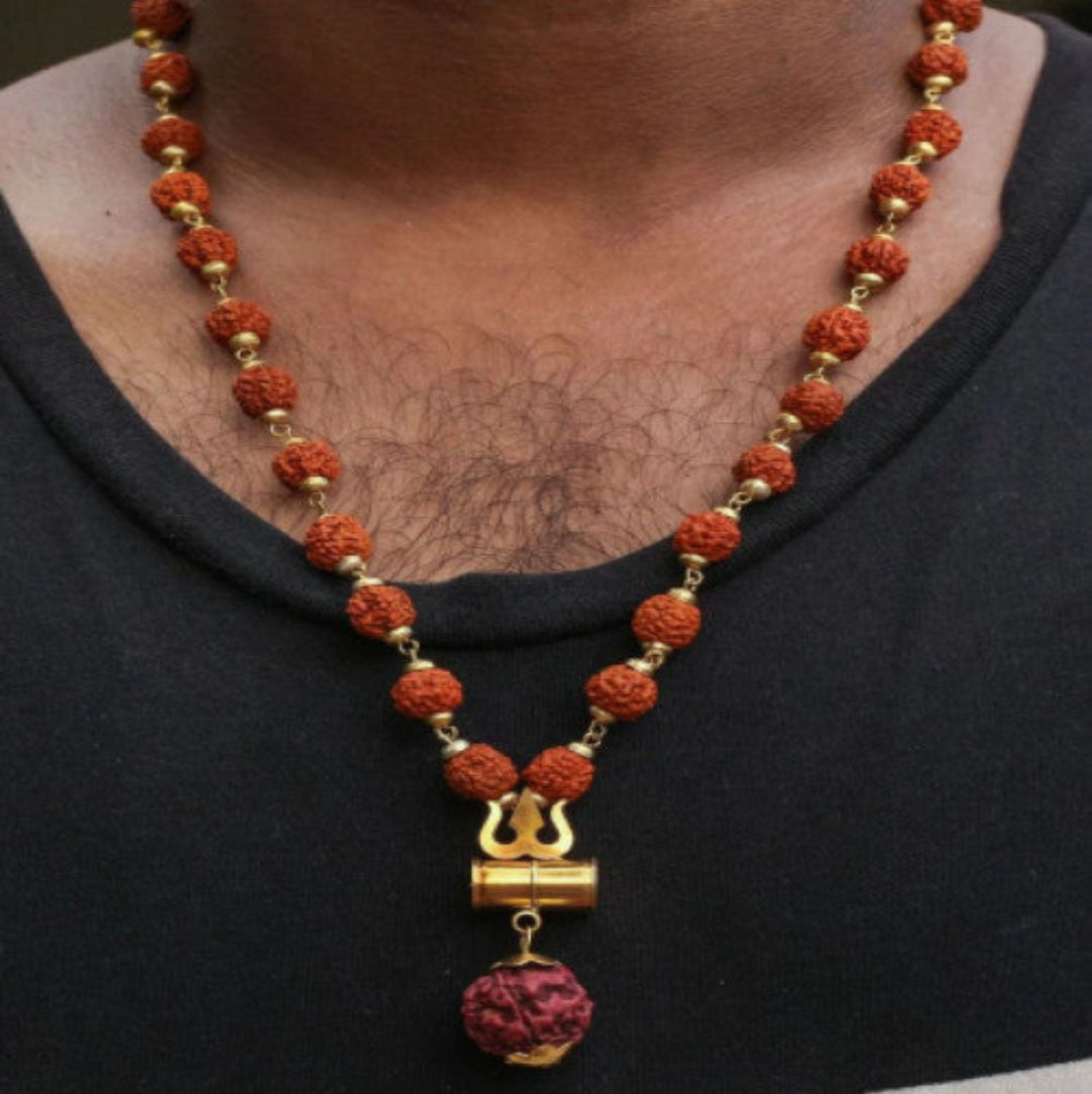 Gold Plated Mahadev Trishul Rudraksha Mala + Mysterious🎁Gift .