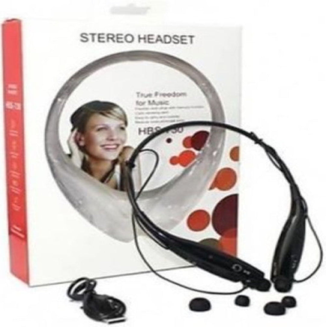 A set of black HBS 730 Earphones with a flexible neckband and in-ear design, displayed alongside its packaging which includes various ear tips and a USB charging cable.