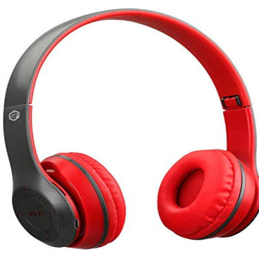 A pair of red and black Bluetooth gaming headphones with noise-cancelling features.
