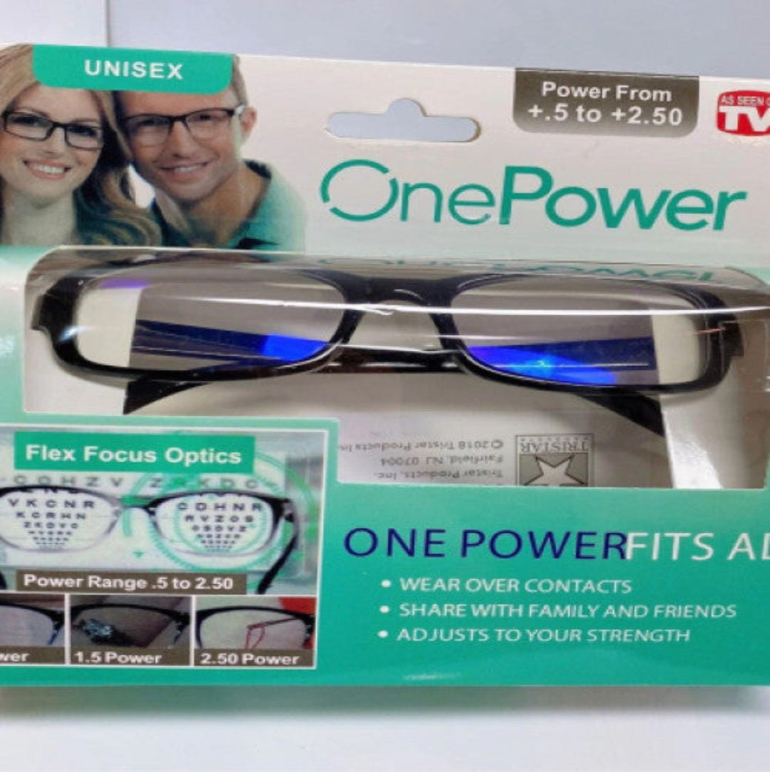 Packaging of One Power Readers Reading Glasses showing the glasses themselves and the text indicating the offer 'Buy One Get One Free'. The glasses are displayed in a black frame with flex focus optics.