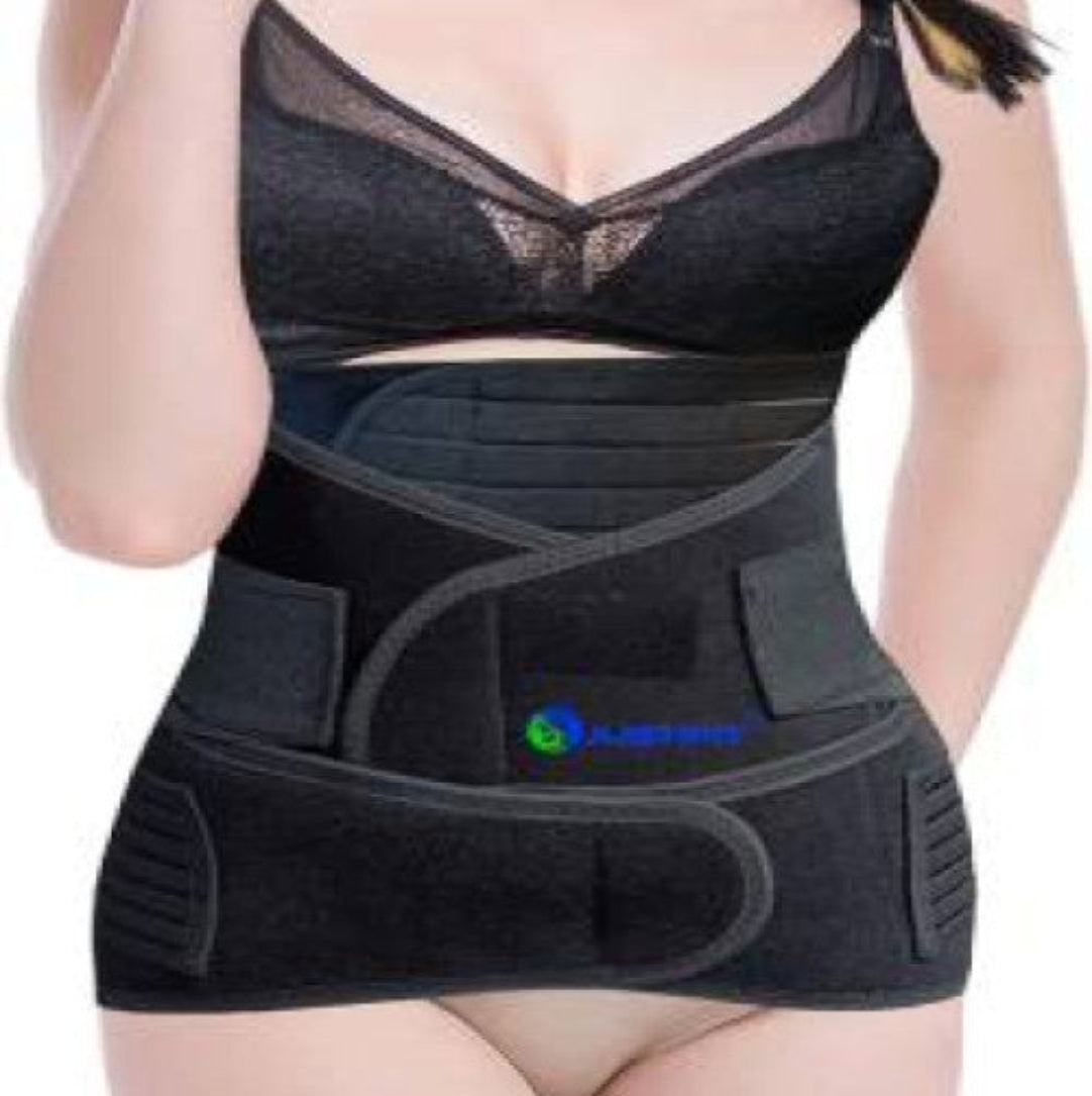 A post pregnancy belt designed to support the back and flatten the tummy, worn over the abdomen and waist.