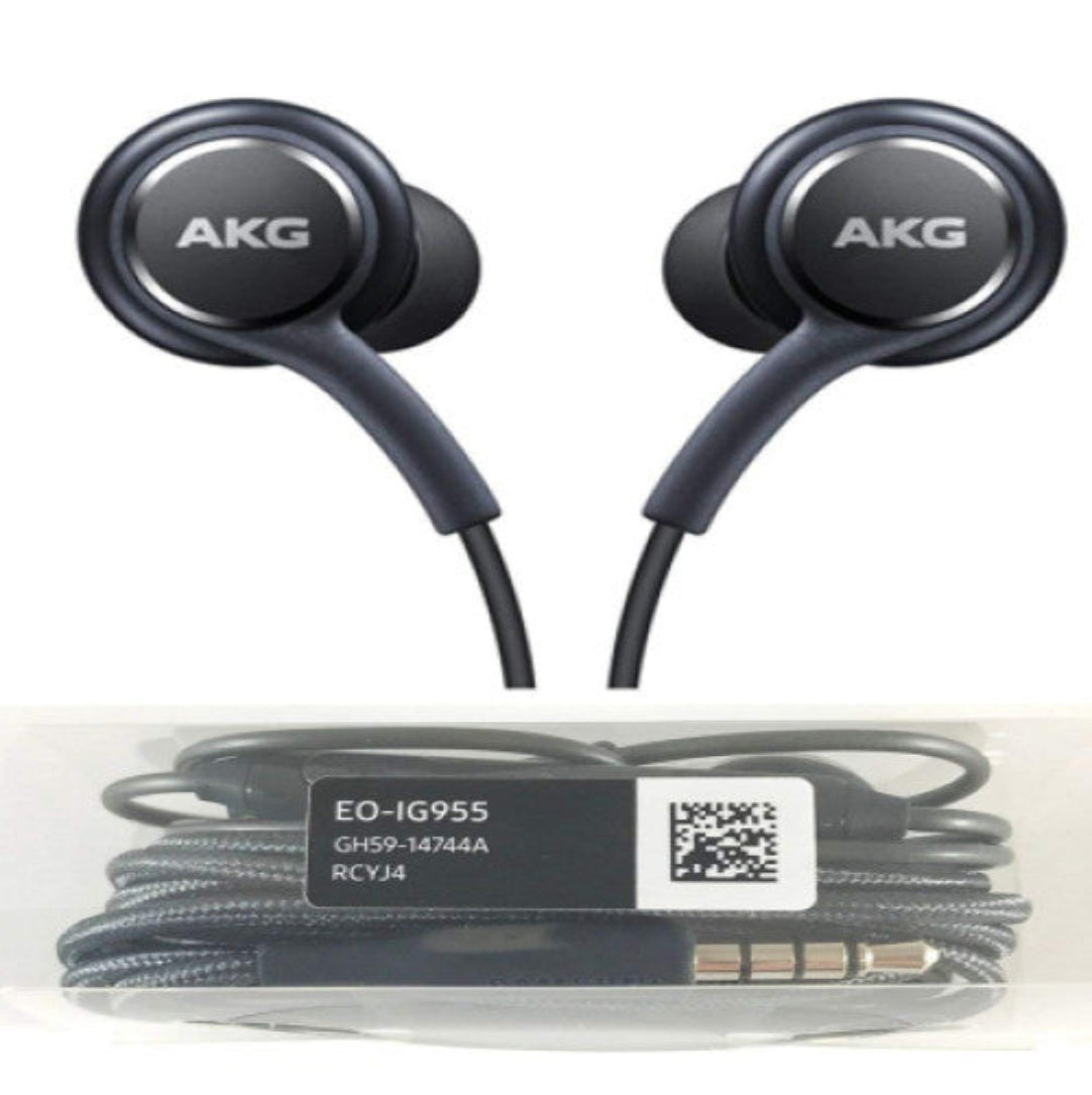 A pair of black AKG wired in-ear earphones with a microphone, displayed alongside its packaging which includes a durable cable.