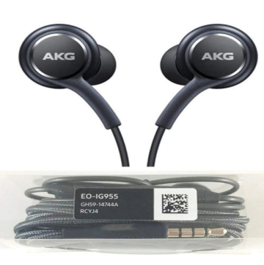 A pair of black AKG wired in-ear earphones with a microphone, displayed alongside its packaging which includes a durable cable.