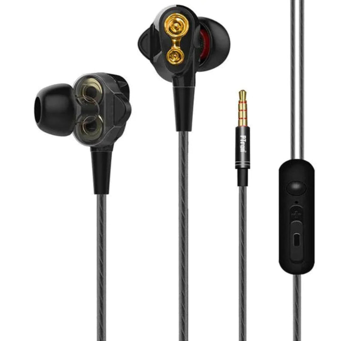 Pair of black in-ear headphones with a control unit on a white background