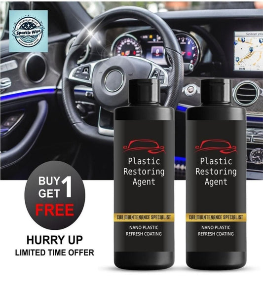 Two bottles of Nano Plastic Revitalizing Coating Agent for Car with a promotional offer of 'Buy One Get One Free' displayed in a car interior background.