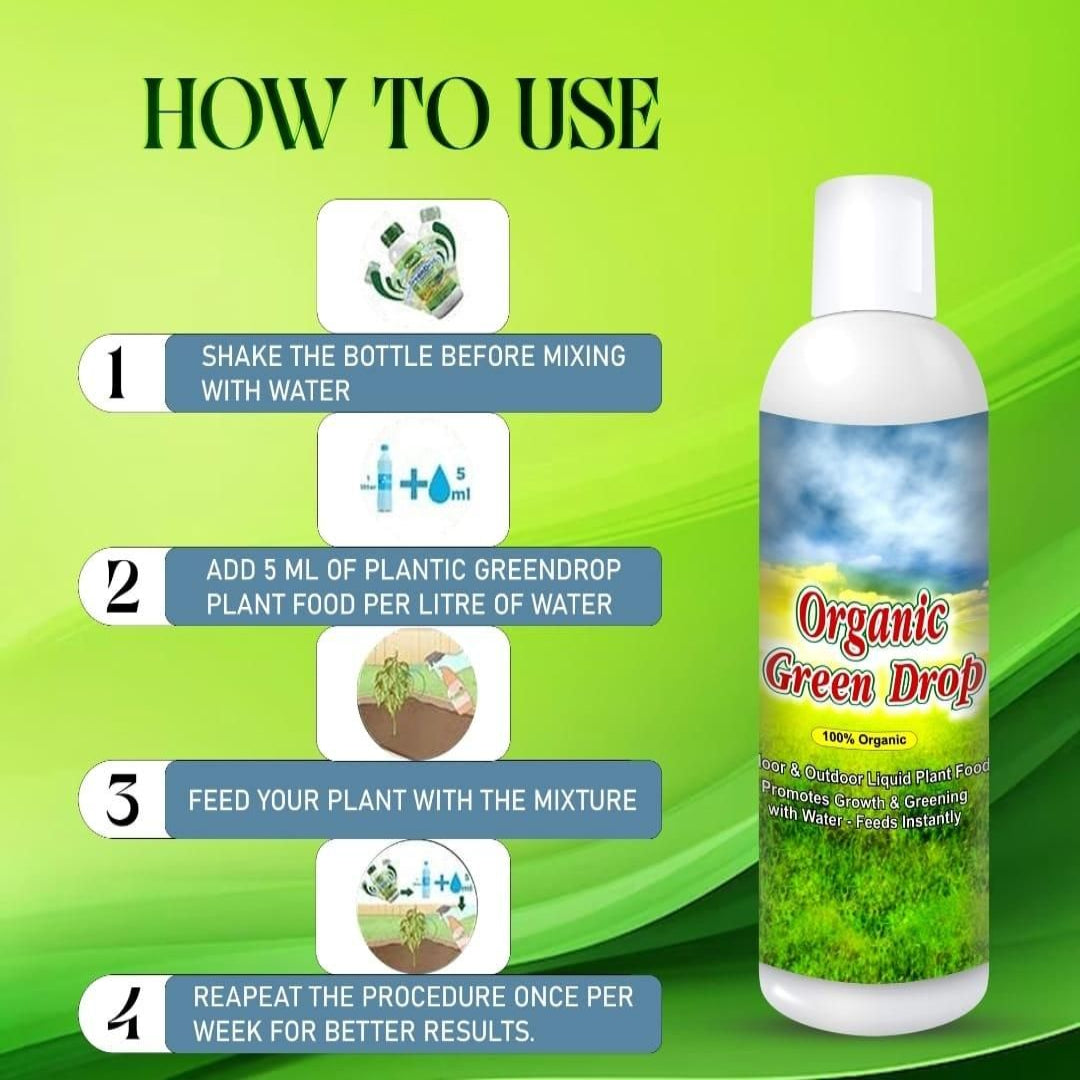 Instructions on how to use Organic Green Drop plant food with a green background
