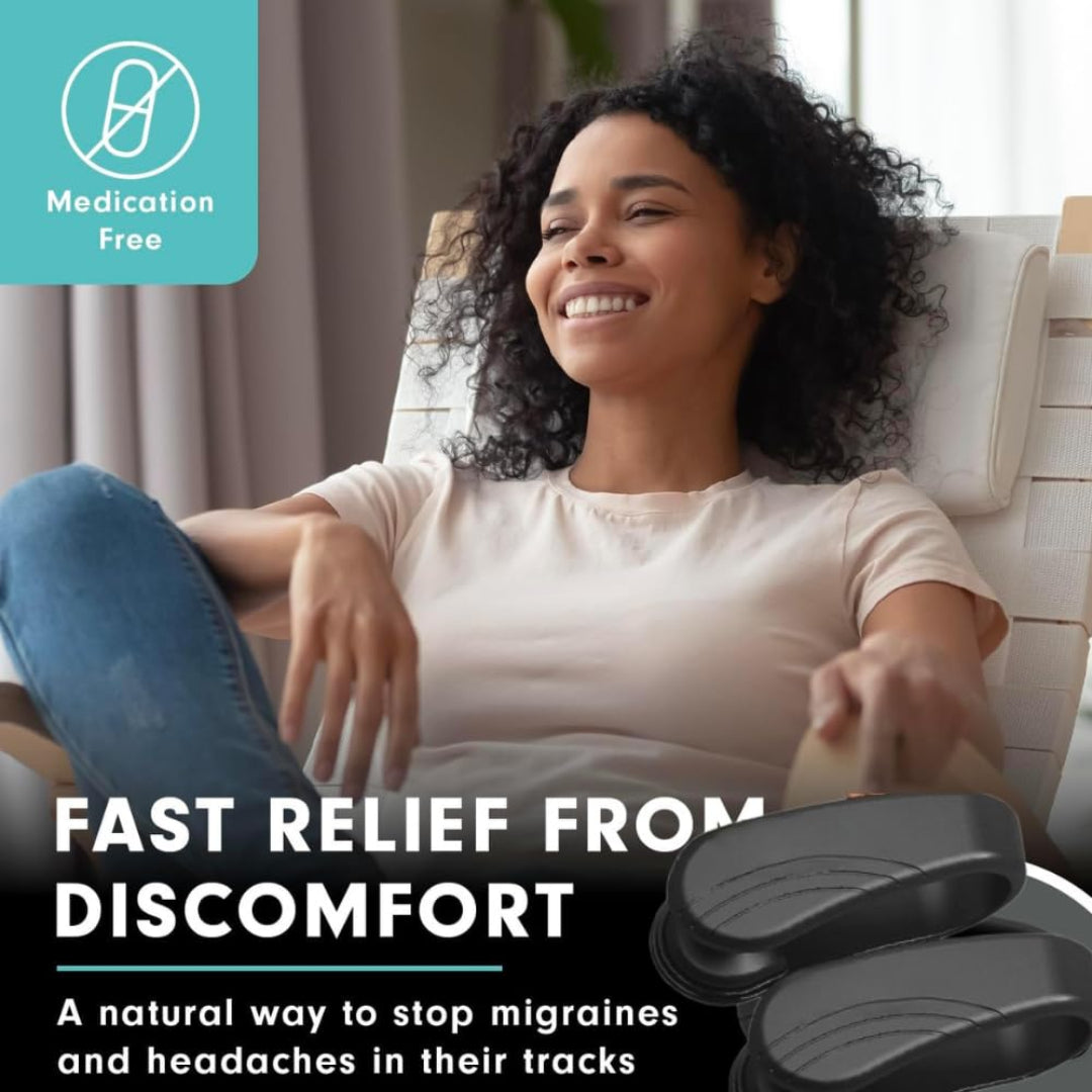 Woman sitting on a couch with text about fast relief from discomfort and migraine headaches.