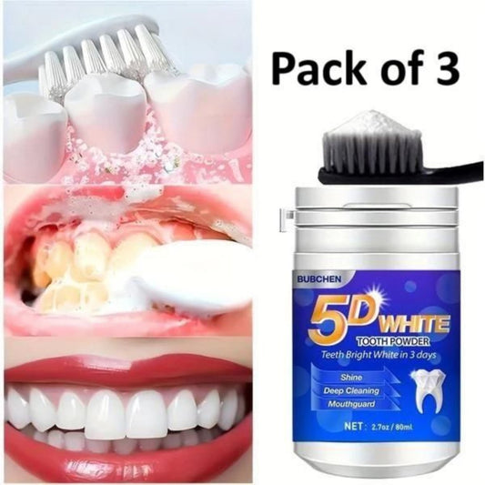 The image shows a pack of three teeth whitening powder containers, with a visual representation of the product being used and the results. It includes a graphic of a toothbrush with the powder, and a smiling mouth showing before and after results of teeth whitening.