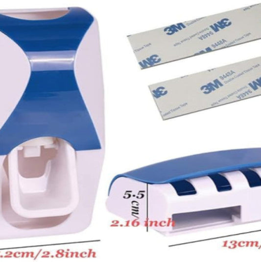Wall-mounted blue and white automatic toothpaste dispenser with a 3M sticky suction pad. Dimensions are shown: 5.