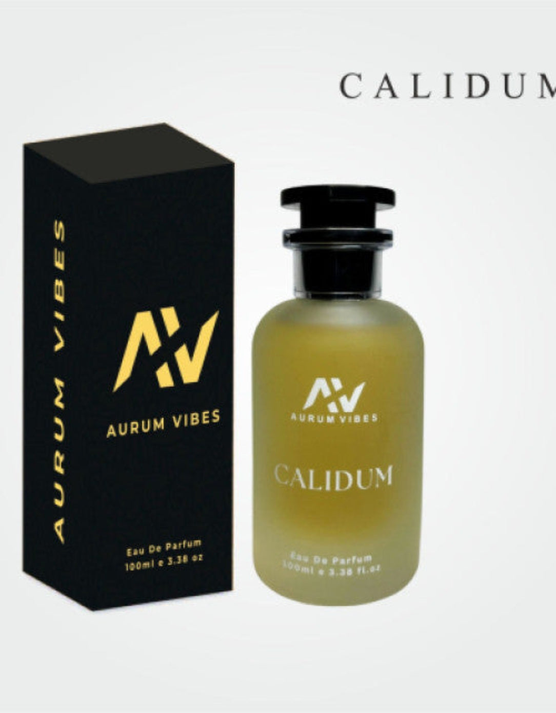 Aurum Vibes Calidum perfume bottle and packaging on a white background