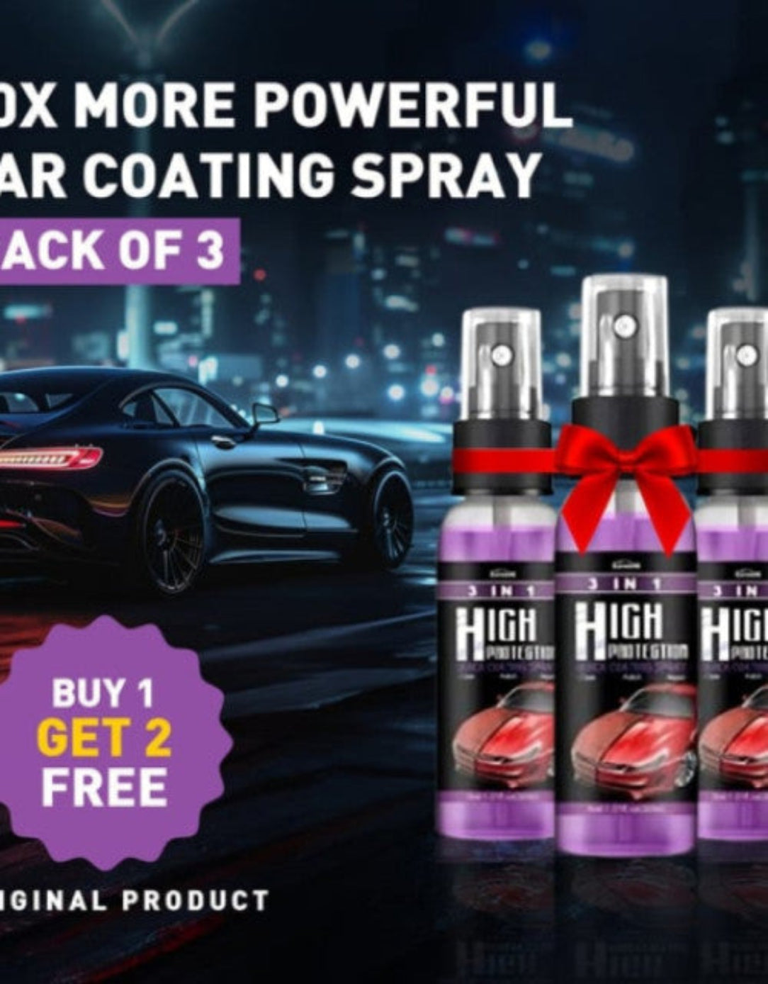 Car coating spray bottles with promotional text and car in the background