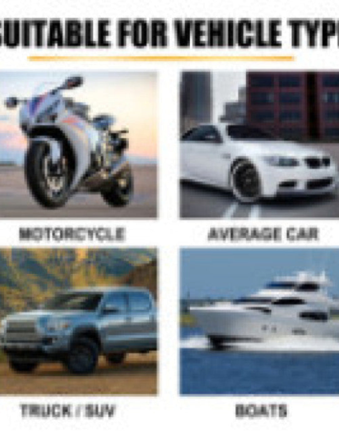 Illustrations of a motorcycle, average car, truck/SUV, and boat with text indicating suitability for different vehicle types.