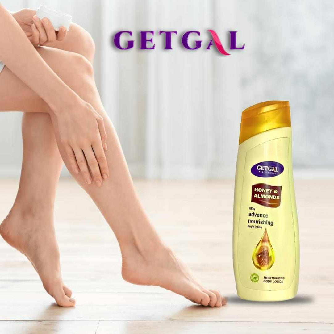 GETGAL Honey & Almonds body lotion bottle with a person's legs in the background