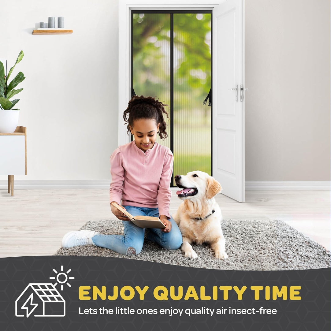 Child sitting on the floor with a dog next to a door with an insect screen, with text 'Enjoy Quality Time'.