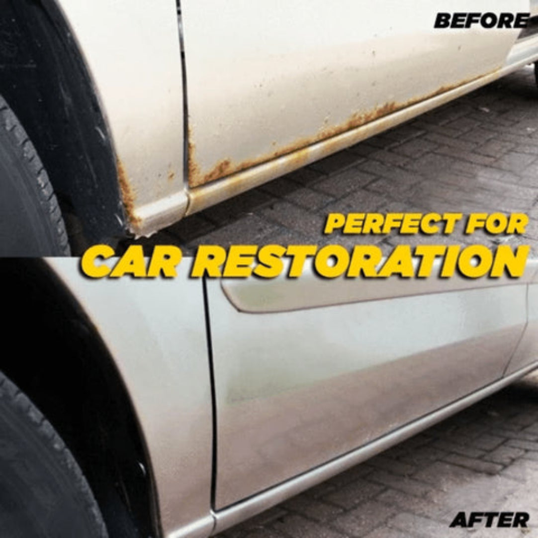 Car restoration before and after showing rust and dirt removal.