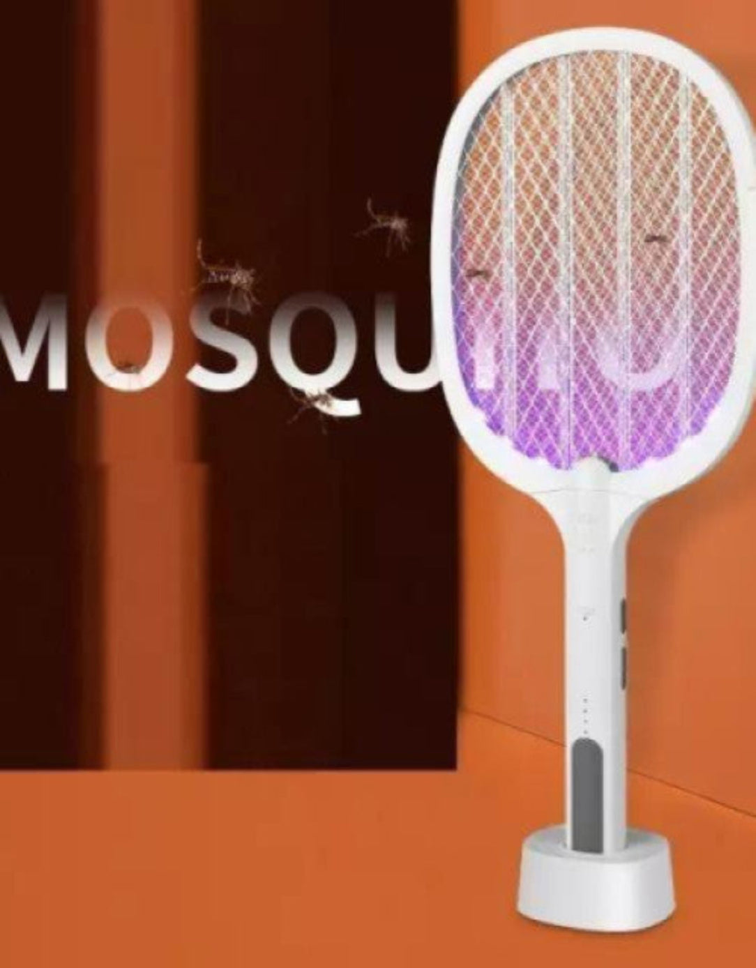 A white mosquito killer racket with a rechargeable battery base, depicted with a stylized representation of mosquitoes around it.