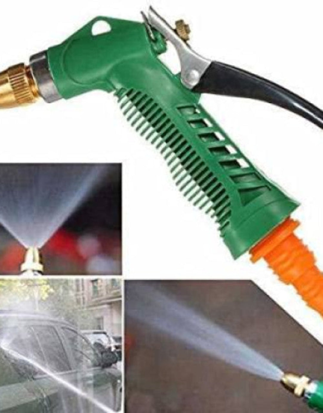 Green and orange garden hose nozzle with spray patterns shown below.