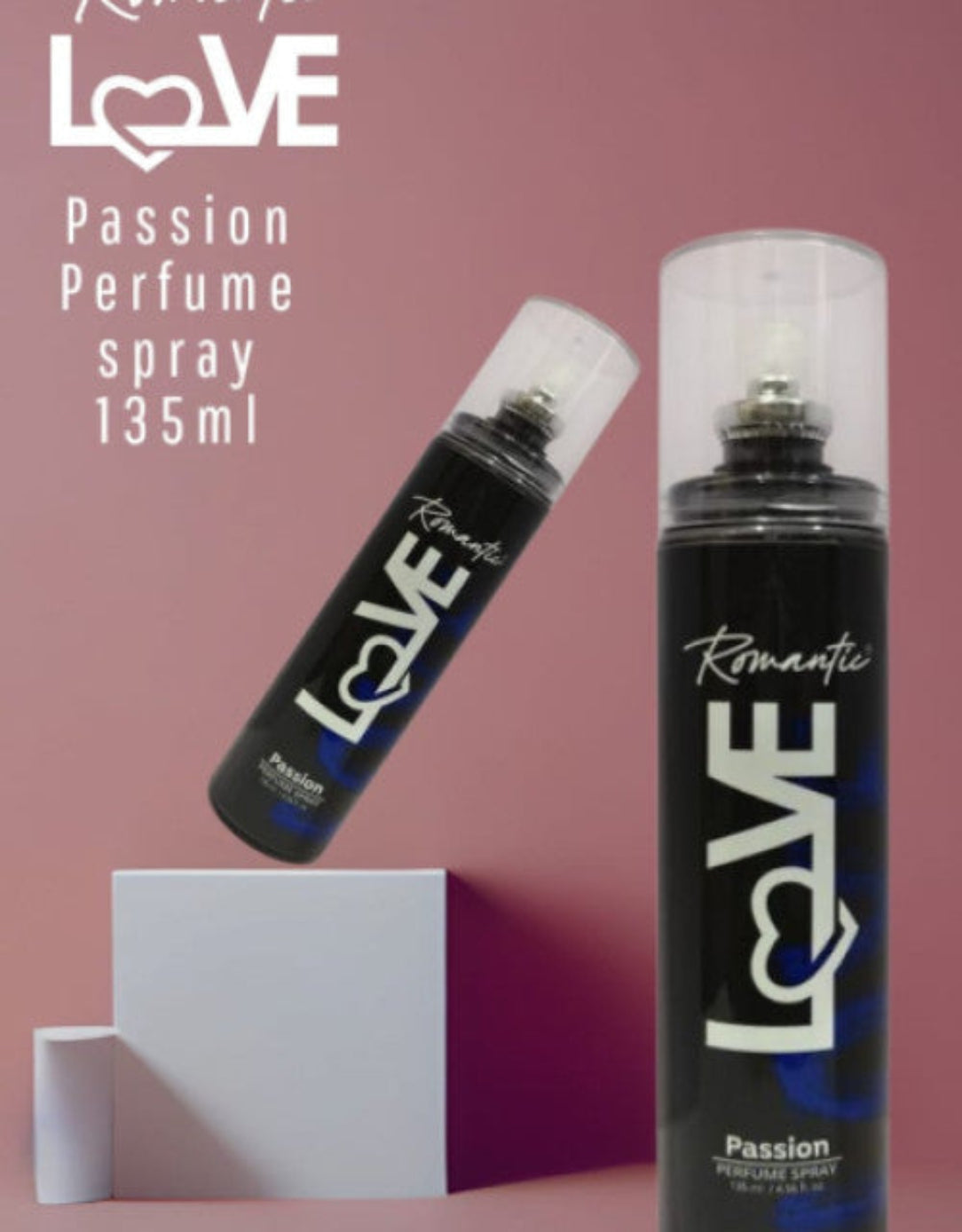 Two 'Romantic Love' perfume sprays on a pink background