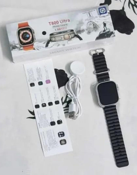 T800 Ultra Series Smart Watch with a black band and silver case, along with its packaging, charger, and user manual.