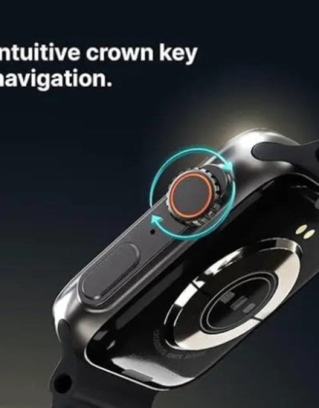 Smartwatch with a focus on the crown key navigation feature on a dark background