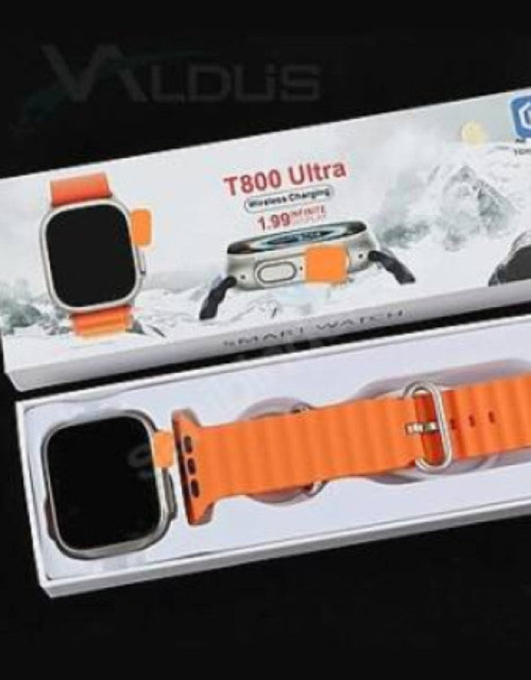 Smartwatch with orange band and packaging on a black background