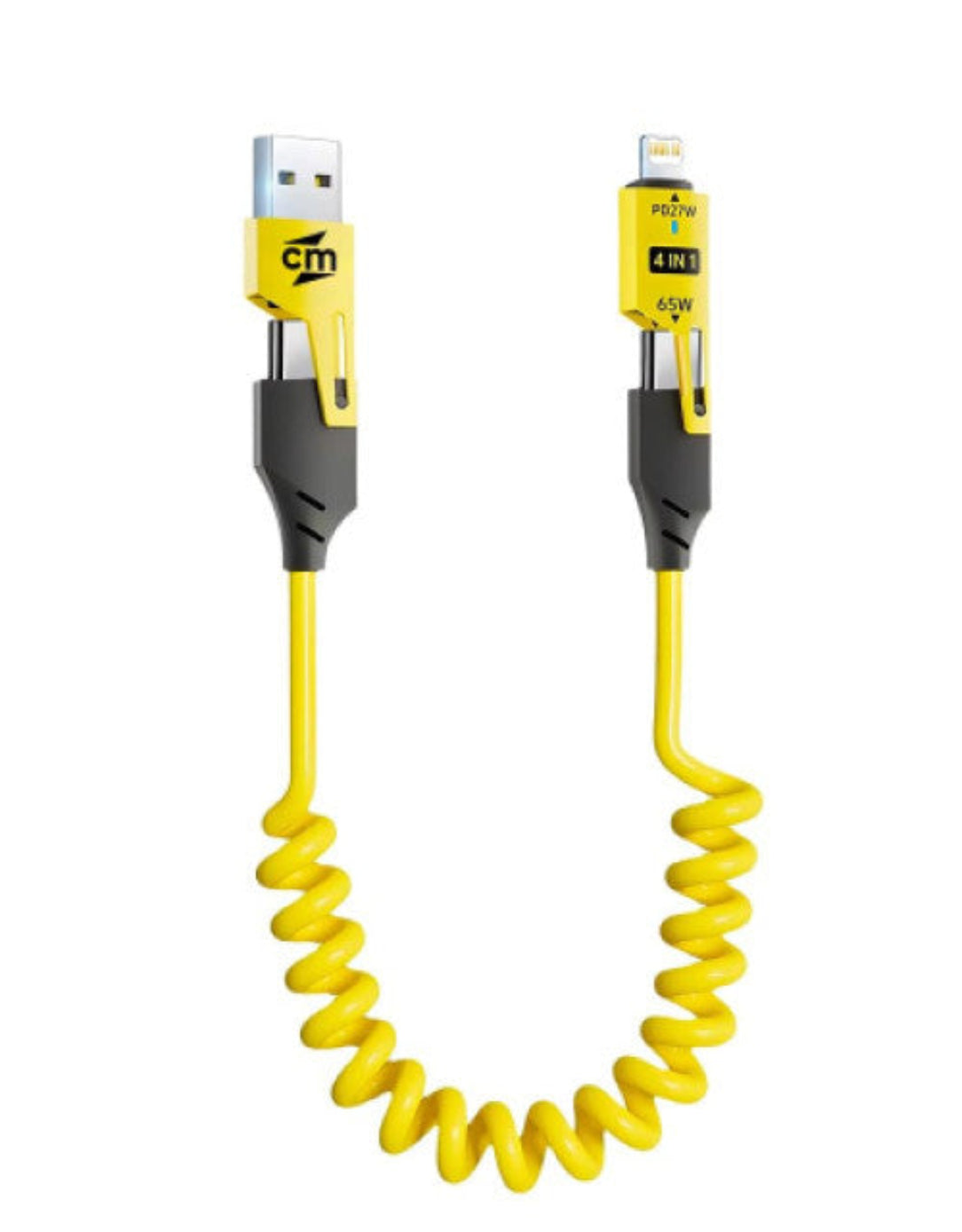 Yellow coiled cable with multiple connectors on a white background