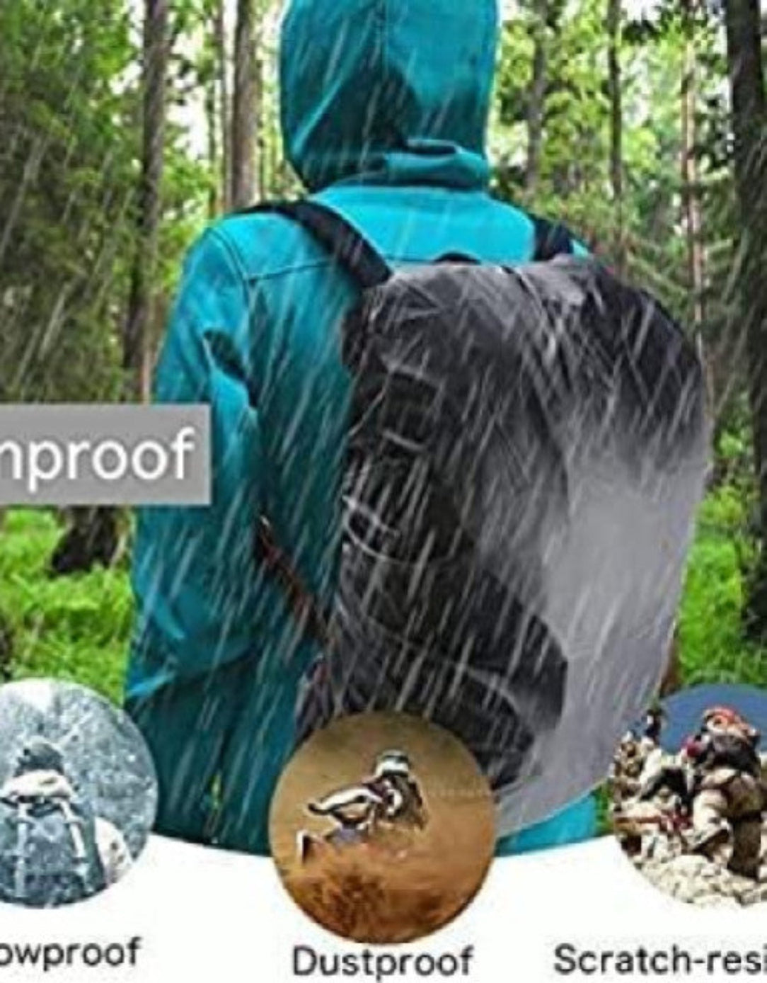 Person wearing a raincoat with a backpack in a forest, highlighting waterproof features.