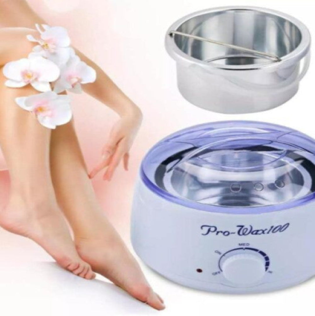 A wax pot for hair removal with a temperature control knob, shown alongside an image of legs suggesting the use for hair removal on human legs.