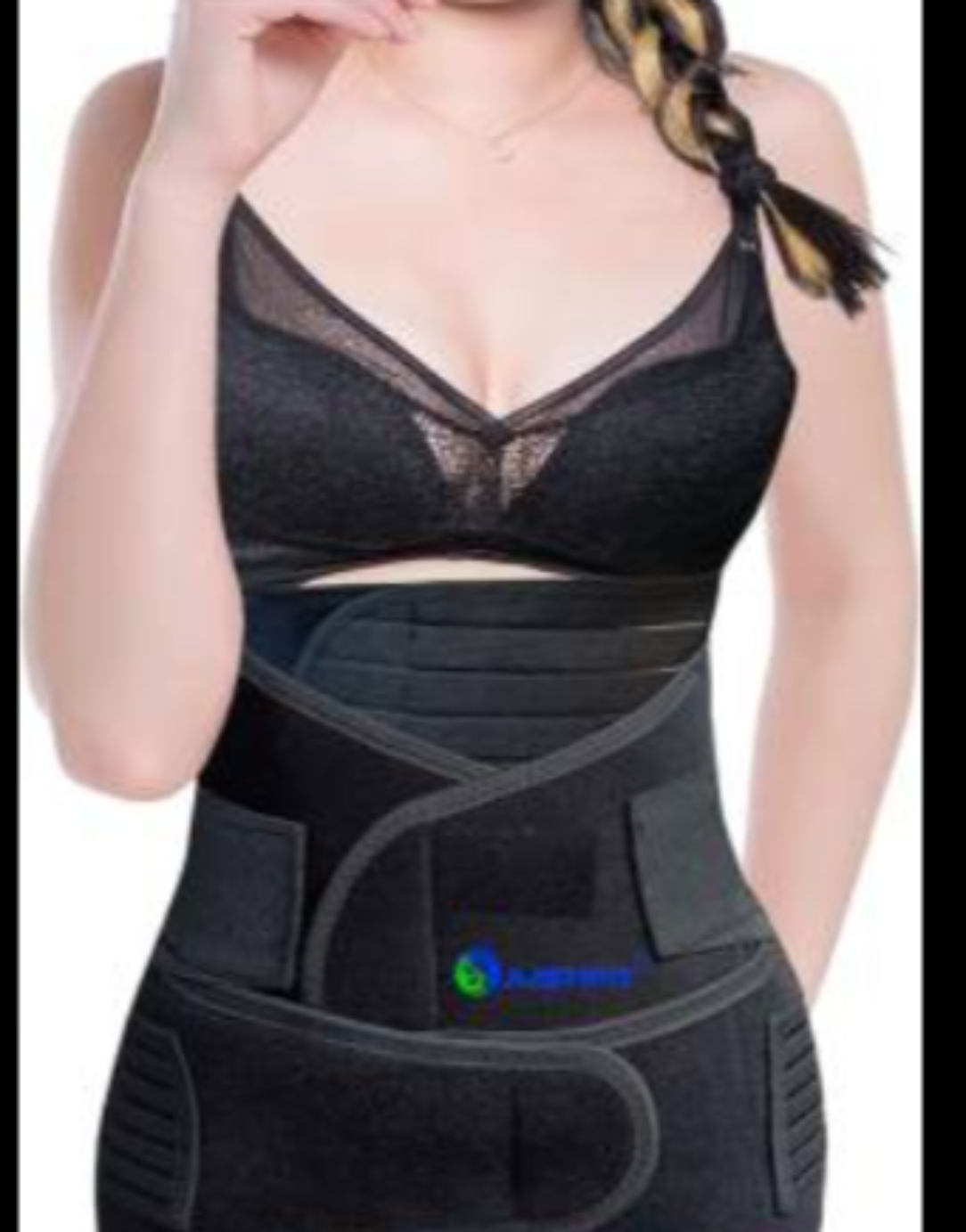 Person wearing a black waist trainer with a visible brand logo on a white background